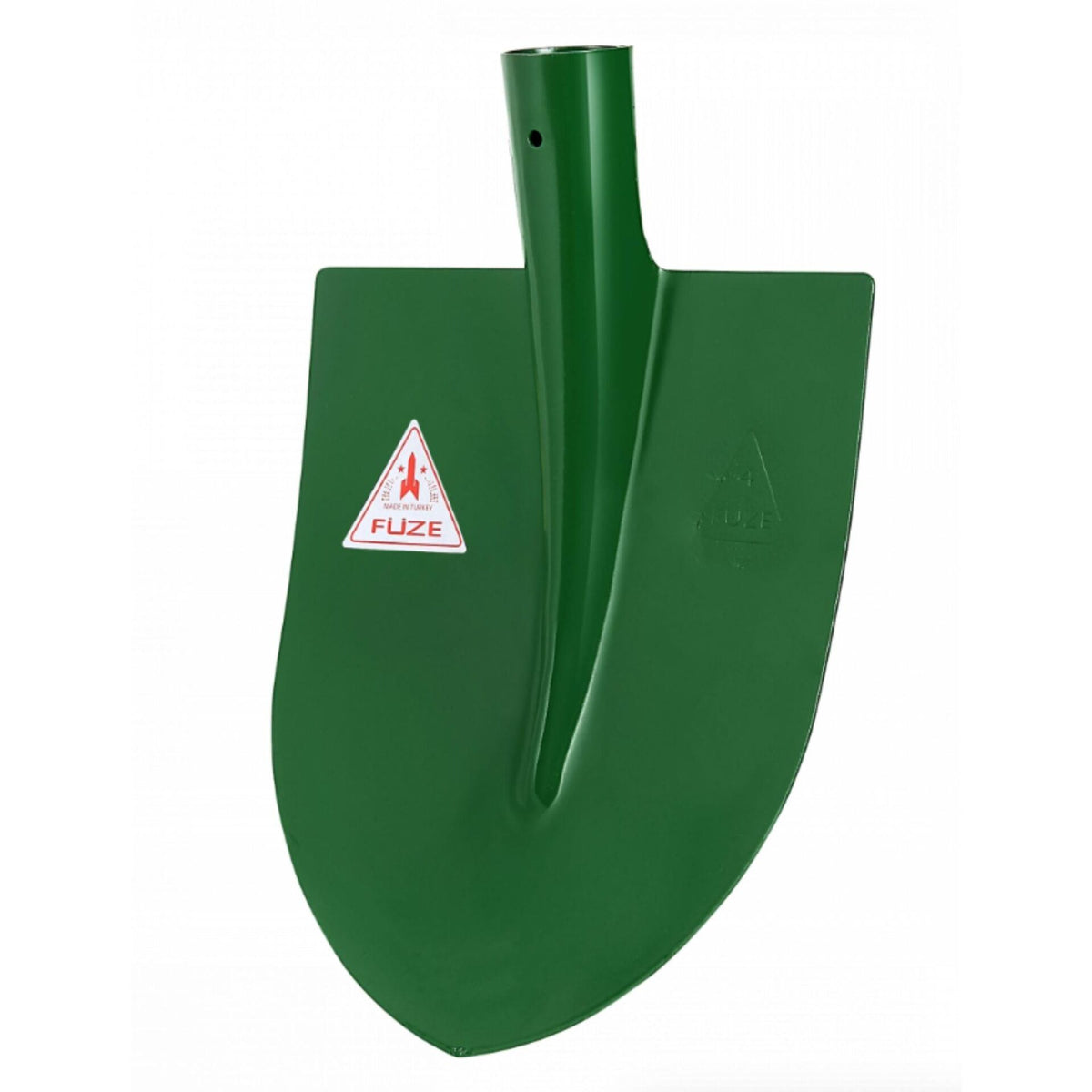 Heavy-duty high-carbon steel construction shovel head with universal handle connection for professional use.