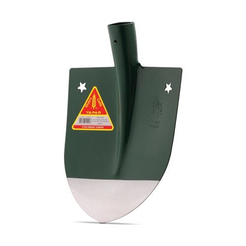 Heavy-duty steel construction shovel head with powder-coated finish for mortar, sand, and soil handling.
