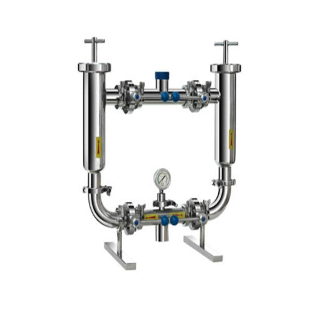 Installed view of industrial duplex basket strainer used for continuous flow filtration in pipeline systems