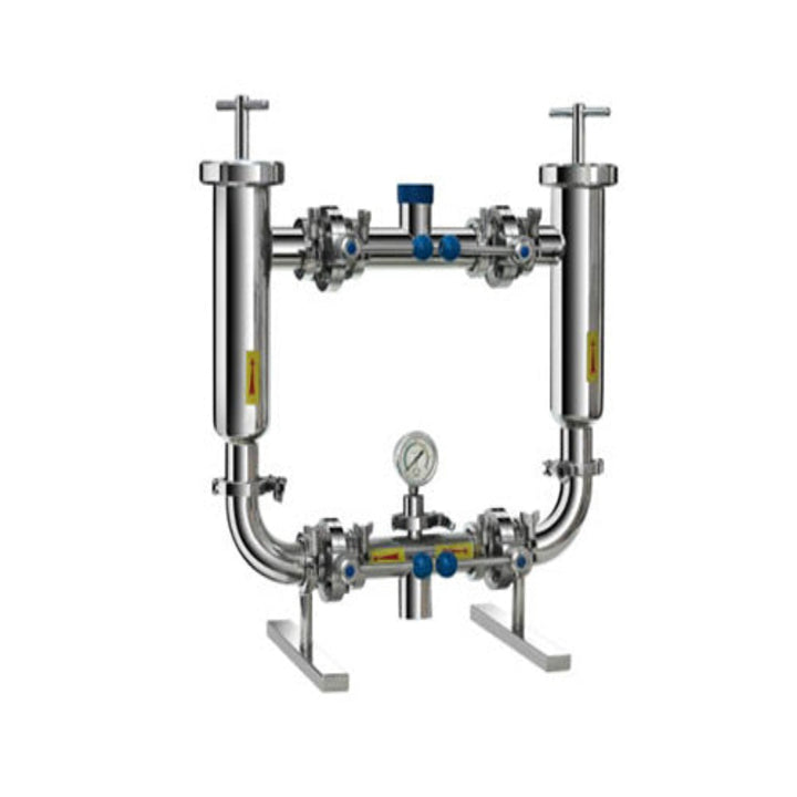 Installed view of industrial duplex basket strainer used for continuous flow filtration in pipeline systems