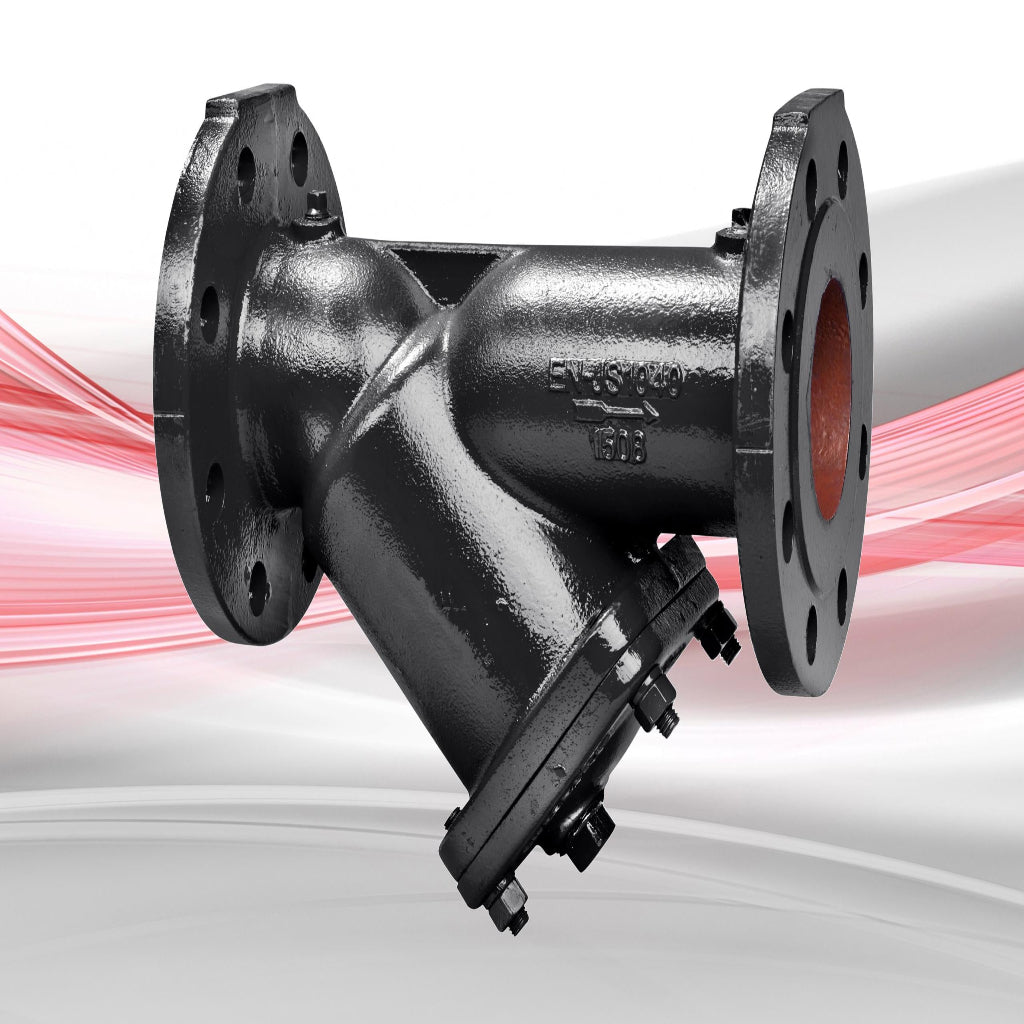 Side view of flanged Y type strainer with angled filter chamber and industrial body design