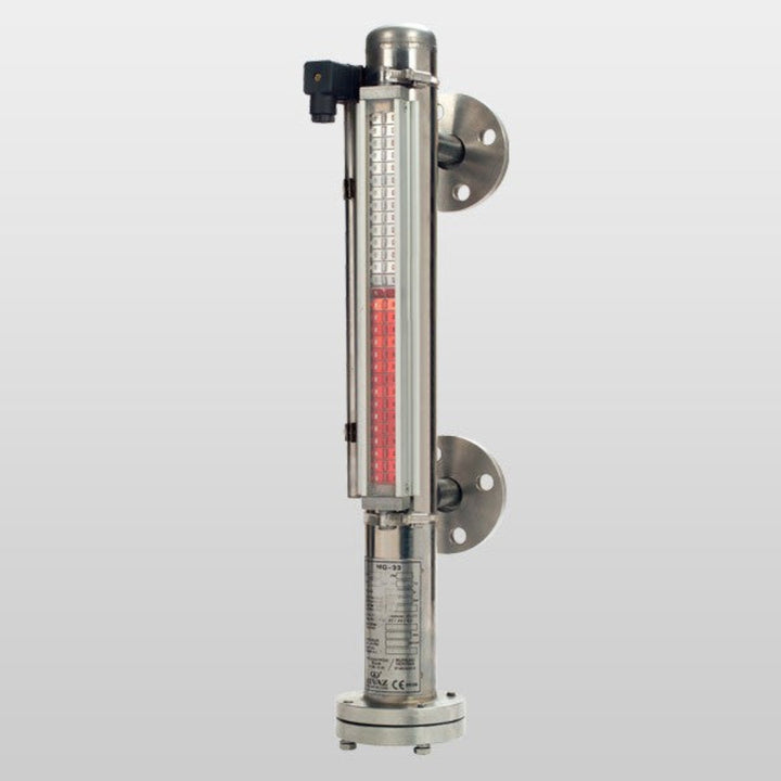 Front view of magnetic level indicator for continuous liquid level monitoring in industrial tanks