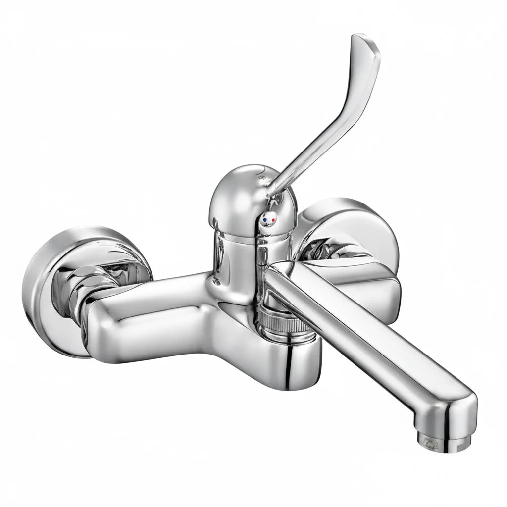 Chrome medical and disabled accessible faucet with extended swivel spout and ergonomic control handle
