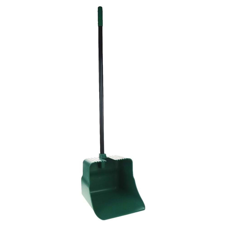 Large-capacity dustpan shovel with durable metal handle for industrial and household cleaning.
