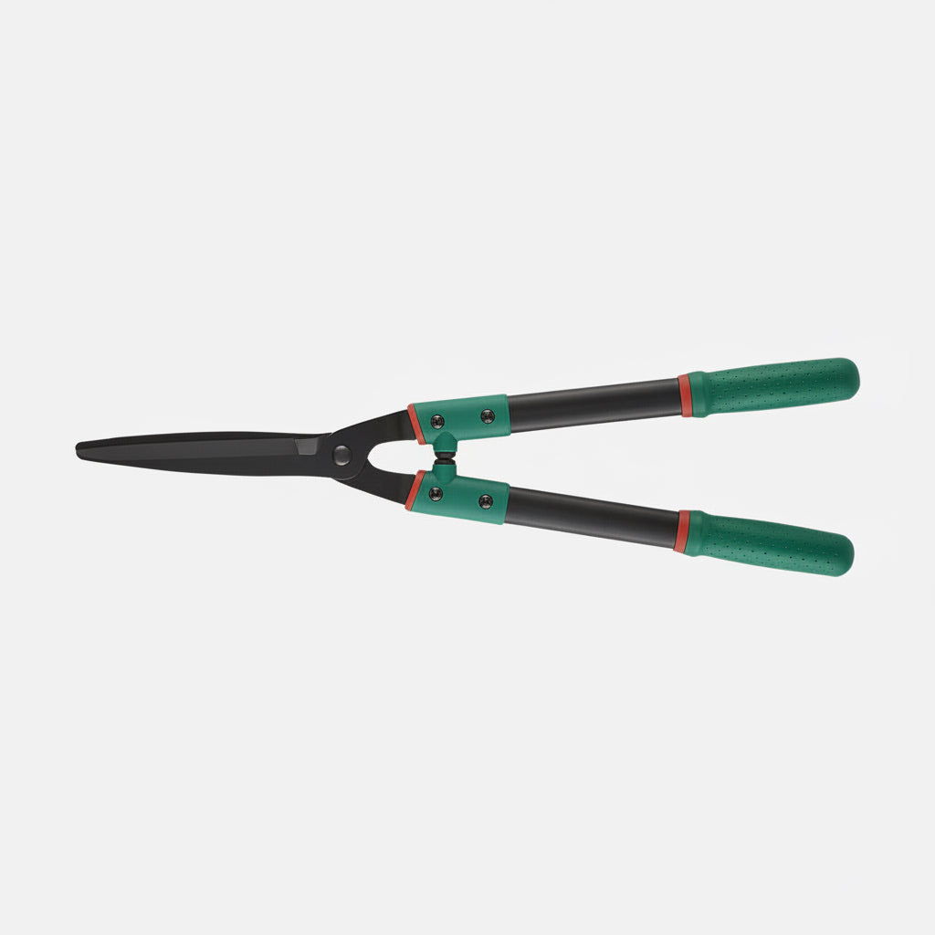 Multi-purpose hedge shears with serrated self-sharpening steel blades and ergonomic handles for hedge trimming