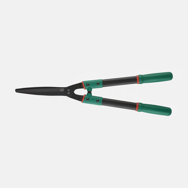 Multi-purpose hedge shears with serrated self-sharpening steel blades and ergonomic handles for hedge trimming