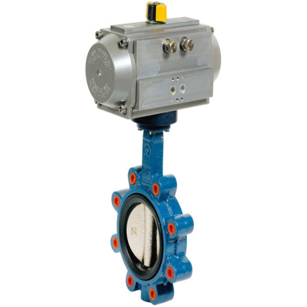 Side view of PAV 803 pneumatic lug butterfly valve with compact actuator and PN16 body design