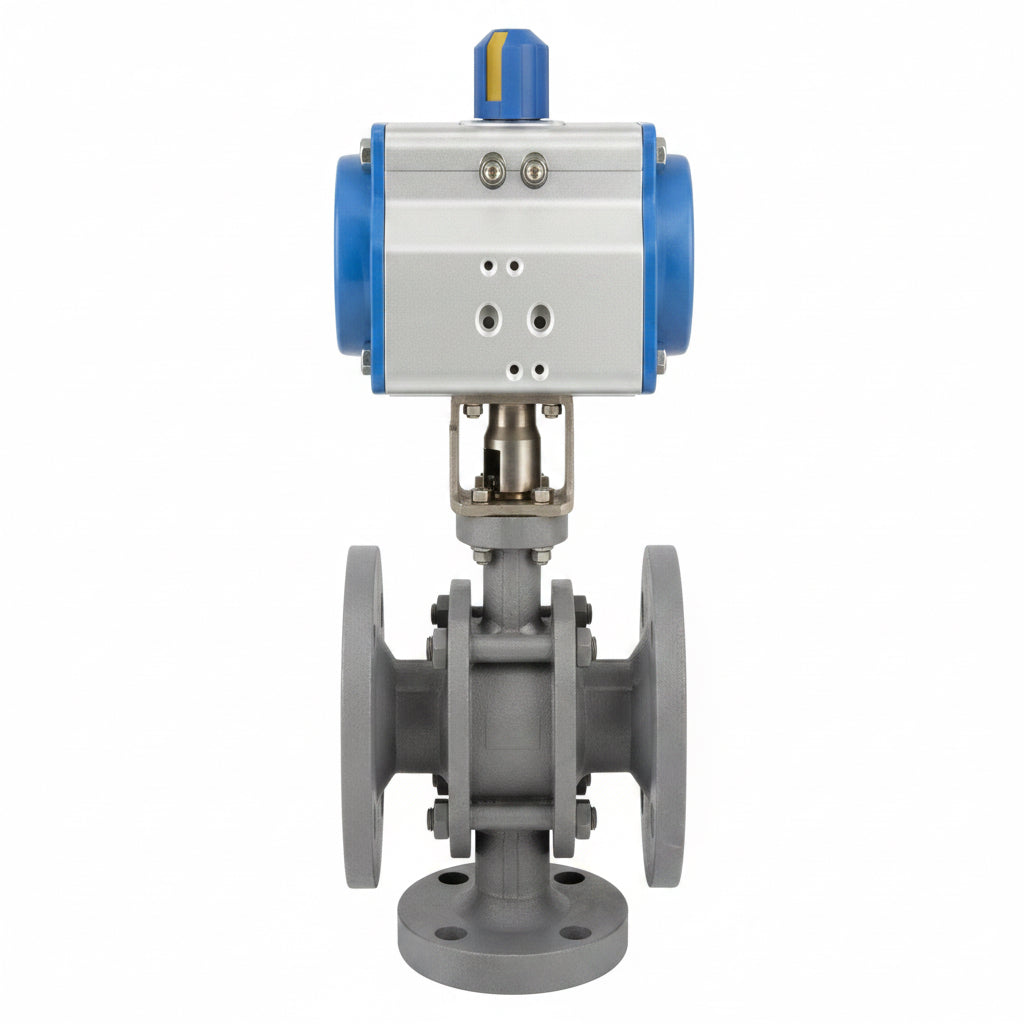 Front view of PAV 902 pneumatic actuated 3/2 way ball valve with DA or SR actuator options
