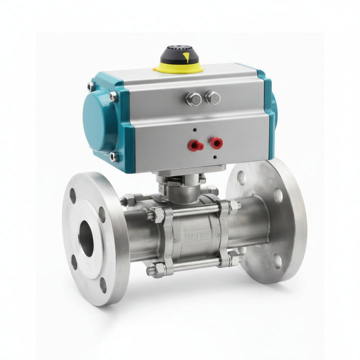 Front view of PAV 905 pneumatic actuated 3 piece flanged stainless steel ball valve PN40 with DA or SR actuator options