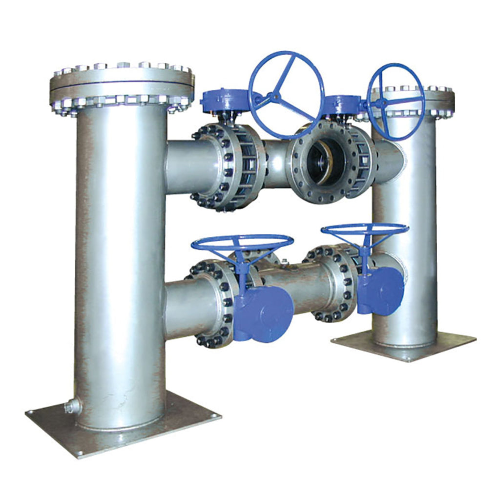 Detail of PN16 PN40 flanged connection ports on duplex basket strainer body