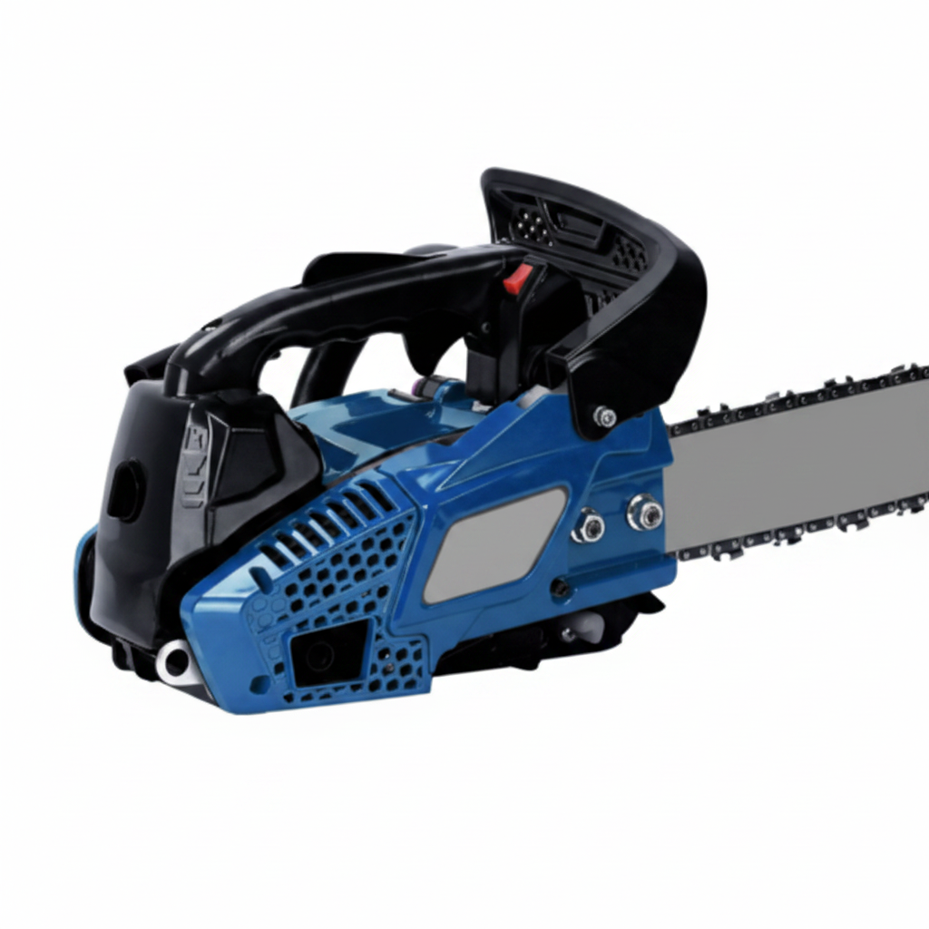 Petrol chainsaw with 12-inch guide bar and high-speed engine for tree cutting and pruning.
