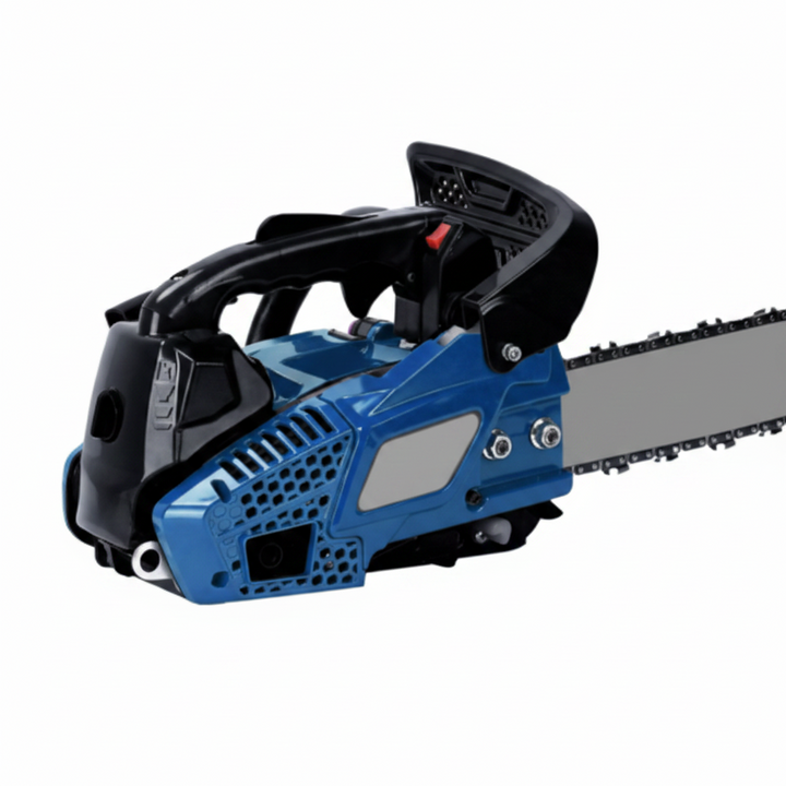 Petrol chainsaw with 12-inch guide bar and high-speed engine for tree cutting and pruning.
