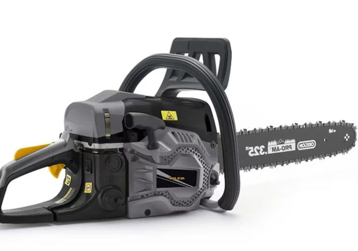 Petrol chainsaw with chain brake and adjustable speed control for tree cutting and pruning tasks.