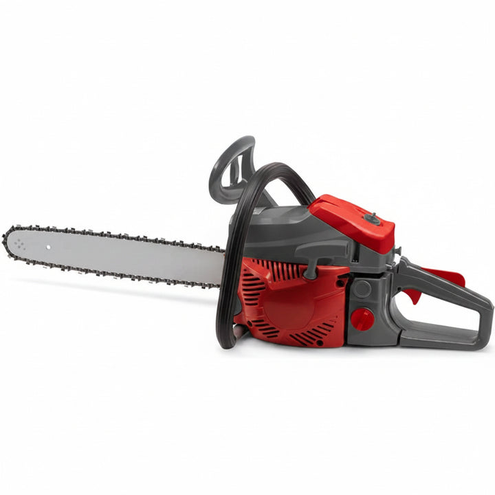 49.3cc petrol chainsaw with 45 cm guide bar for tree cutting and heavy-duty wood cutting tasks.