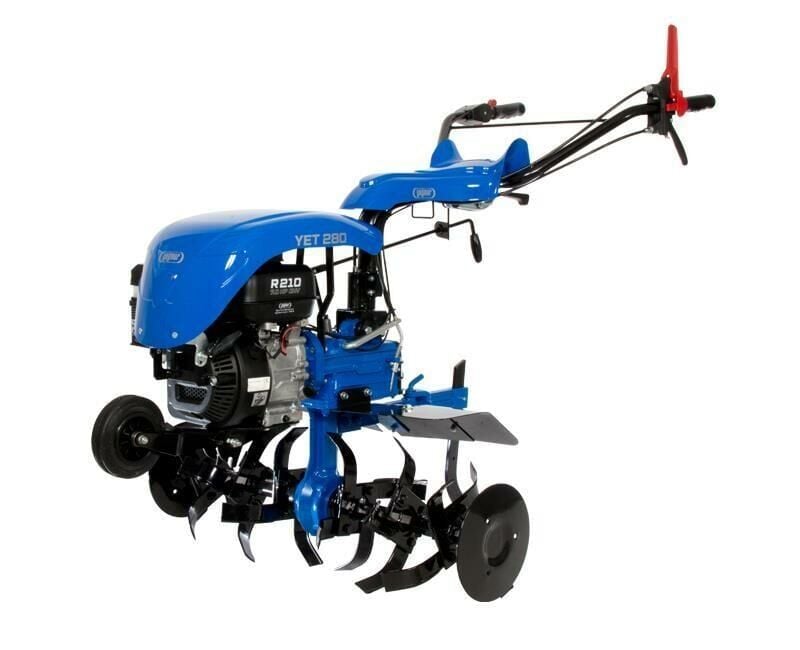 Petrol garden tiller with 90 cm working width, adjustable handlebars, and durable forged tines.