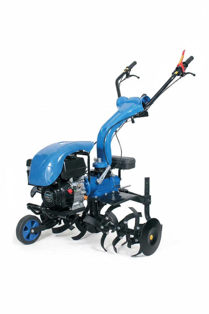 212cc petrol tiller with 7 HP engine, adjustable 60–90 cm working width, and 3 forward plus 1 reverse gear transmission.
