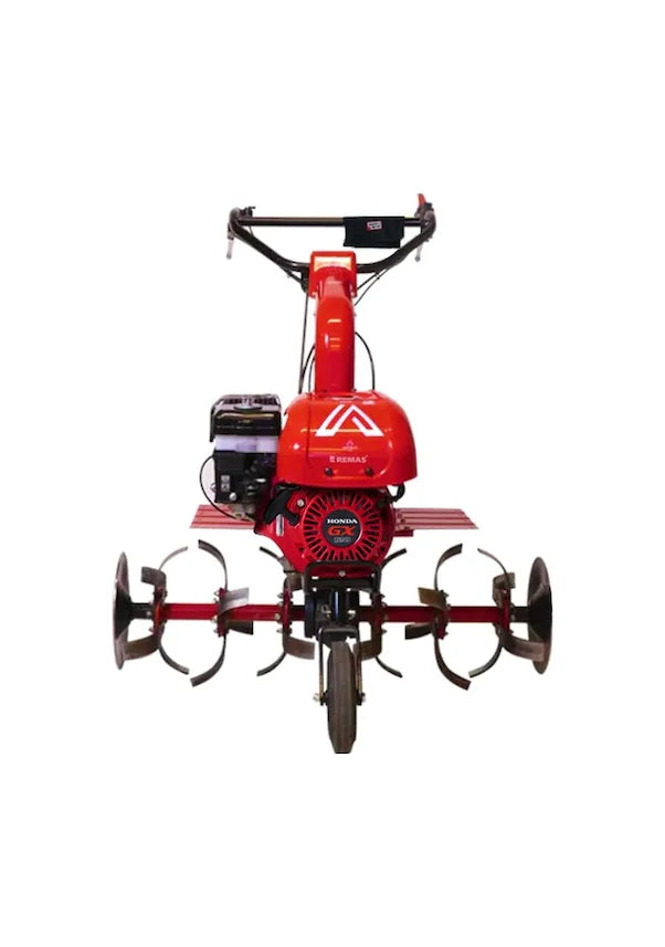 Petrol tiller with 2 forward and 1 reverse gear transmission for soil cultivation and garden preparation.