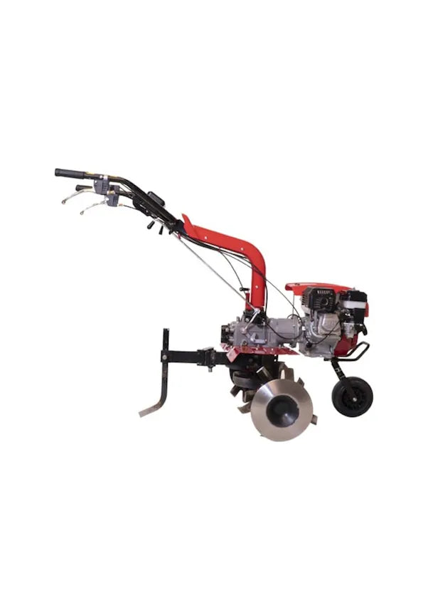Petrol tiller with 2 forward and 1 reverse gear transmission for soil cultivation and garden preparation.