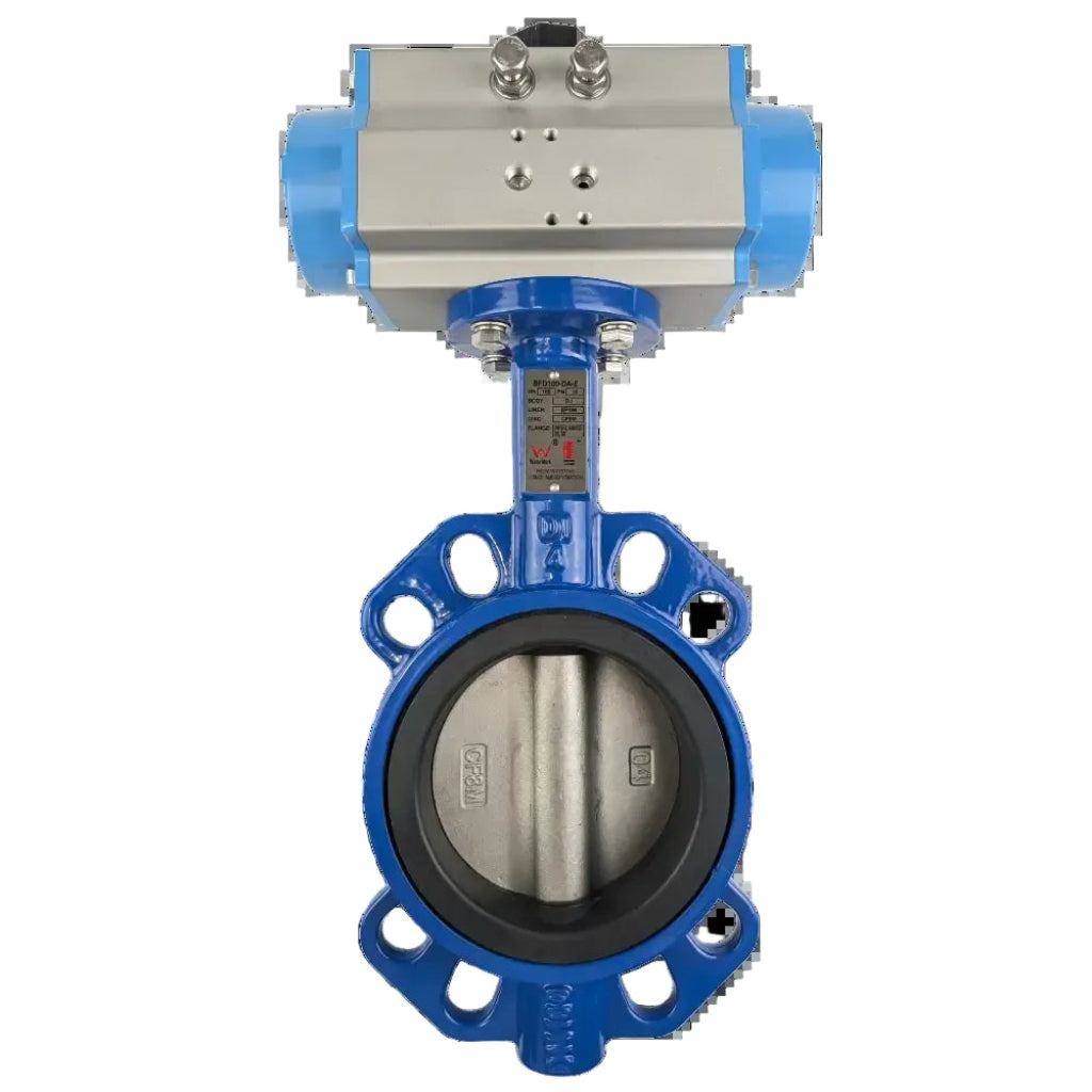 Close-up detail of DA SR pneumatic actuator mounted on PAV 803 lug butterfly valve
