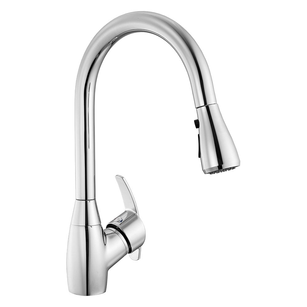 Chrome pull-out kitchen faucet with dual-function spray head, flexible hose and 360 degree swivel spout