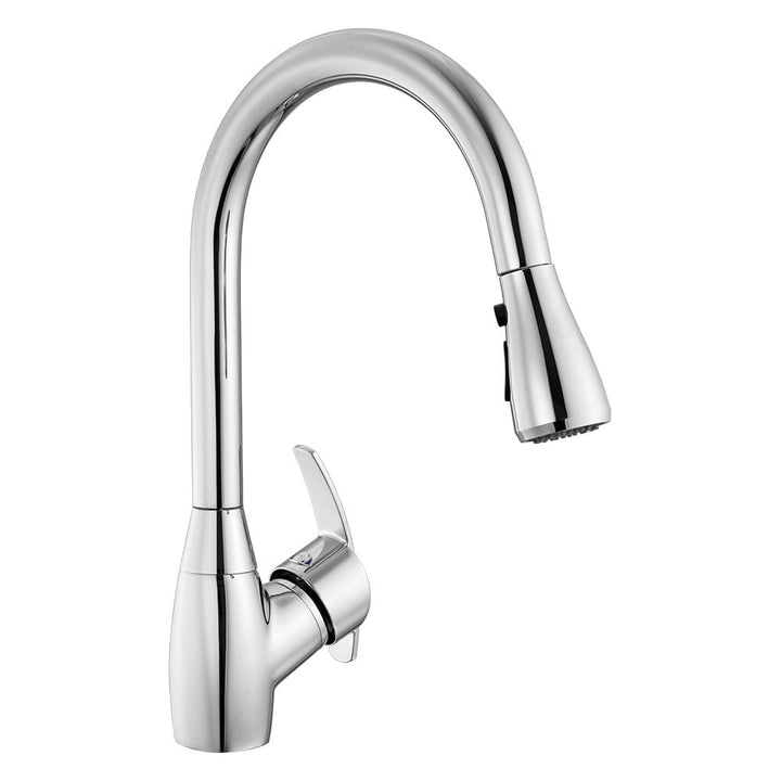 Chrome pull-out kitchen faucet with dual-function spray head, flexible hose and 360 degree swivel spout