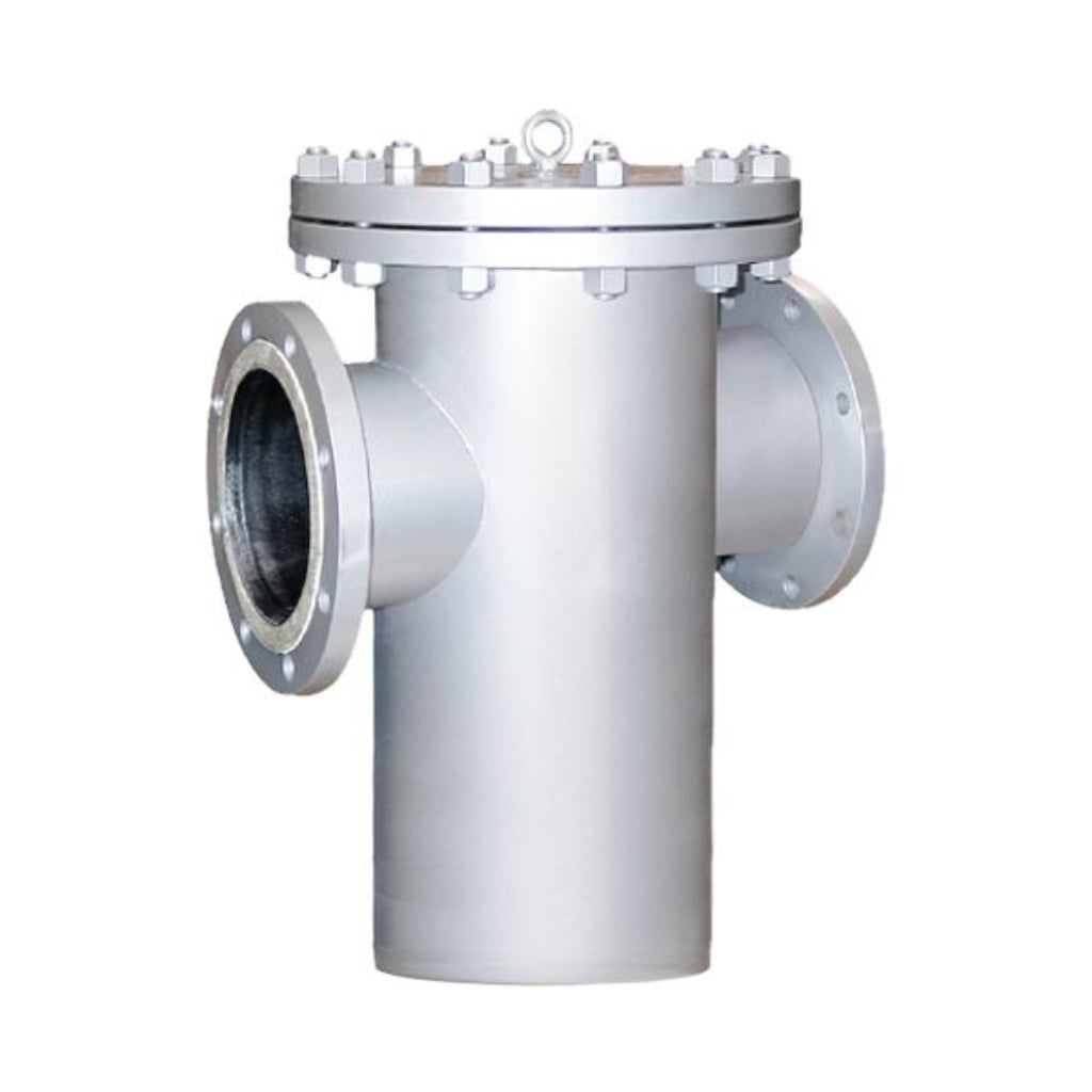 Side view of simplex basket strainer with single chamber body and flanged pipeline connections