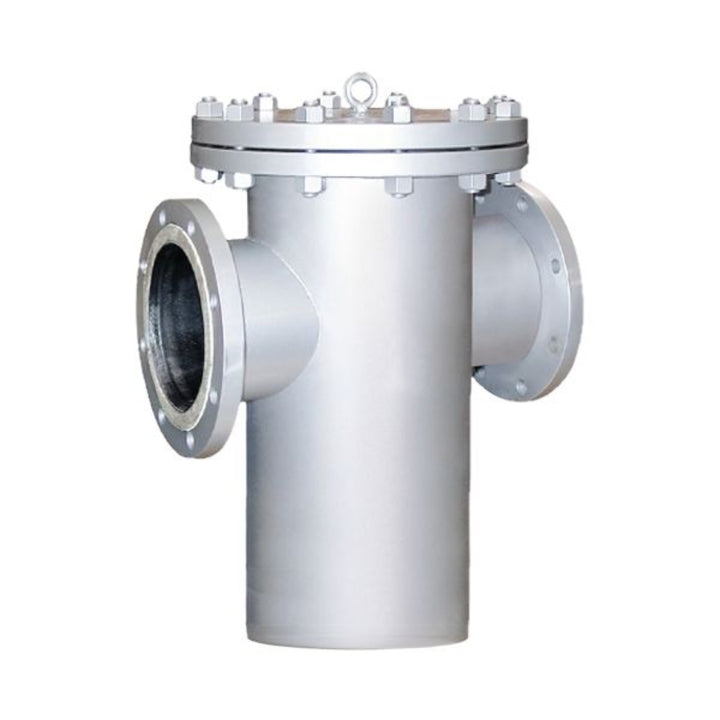 Side view of simplex basket strainer with single chamber body and flanged pipeline connections