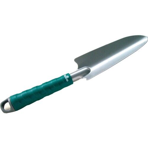 Small garden hand trowel with steel blade and ergonomic plastic-coated handle for planting and soil work.