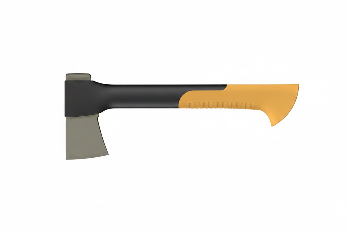 Lightweight splitting axe with fiberglass handle, anti-shock grip and protective sheath for chopping firewood and kindling