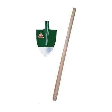 Steel garden spade with powder-coated blade and wooden D-handle for digging and soil preparation.