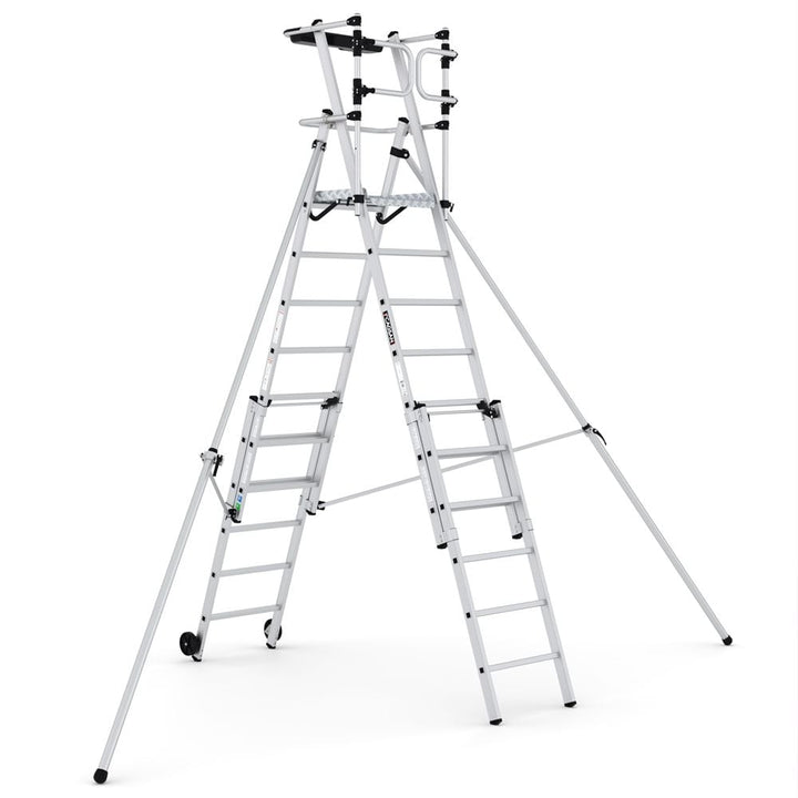 Portable folding work platform with telescopic legs and wheels