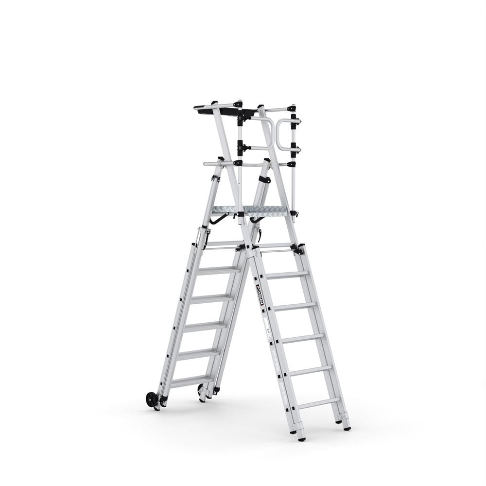 Portable folding work platform with telescopic legs and wheels