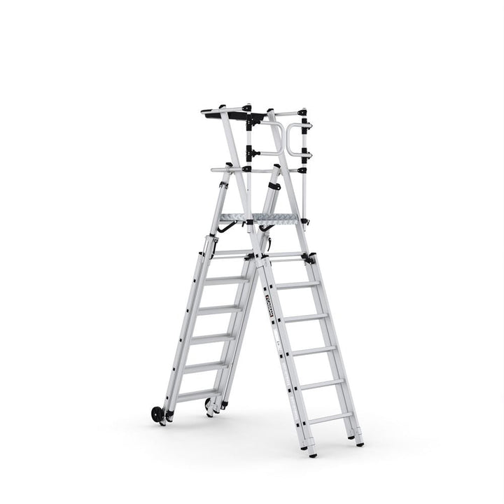 Portable folding work platform with telescopic legs and wheels