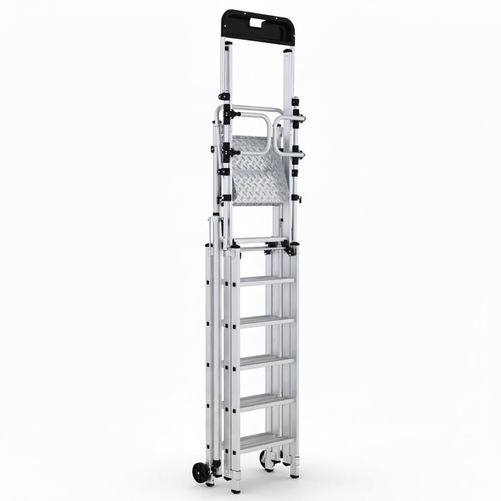 Portable folding work platform with telescopic legs and wheels