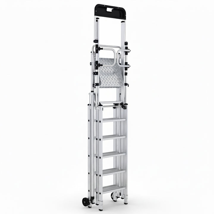 Portable folding work platform with telescopic legs and wheels
