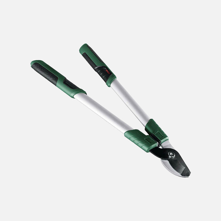 Telescopic garden pruning shears with angled head for cutting small branches.