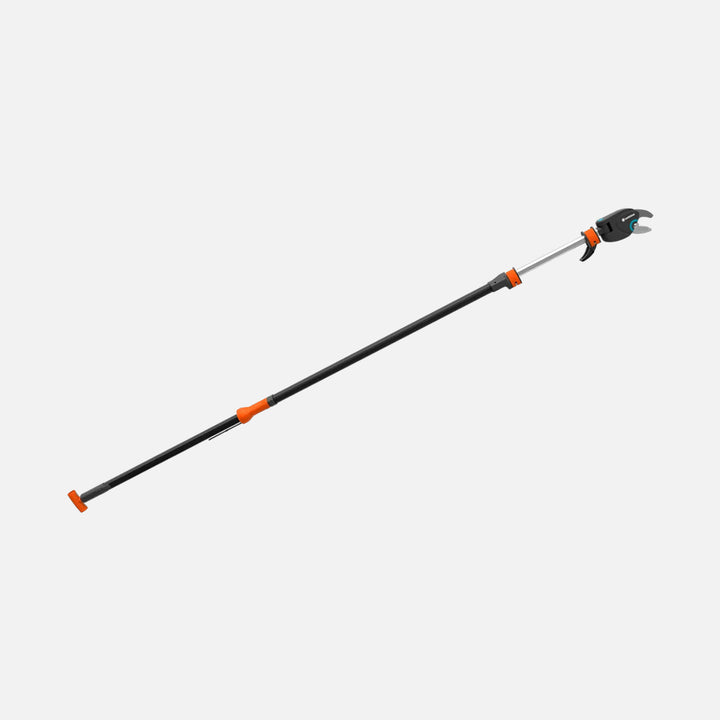 Telescopic tree pruning tool with extendable aluminum shaft for cutting high branches safely.