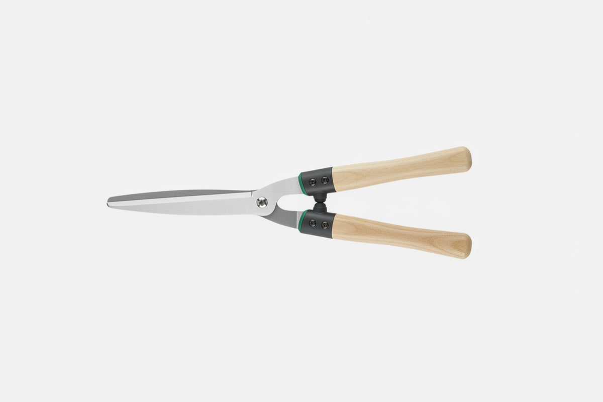 Wooden handle hedge shears with chrome-plated hardened steel blades for trimming hedges and shrubs